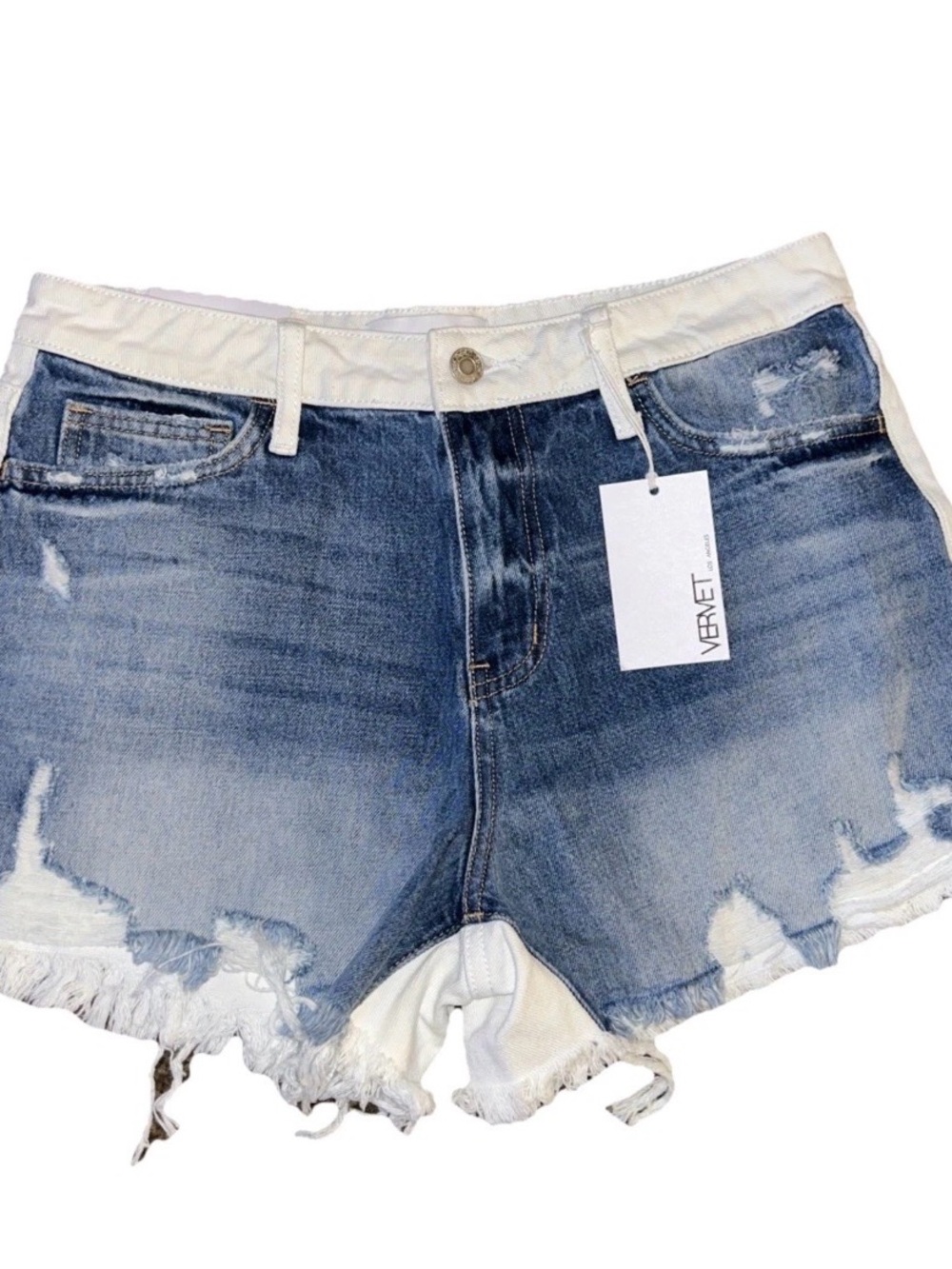 Vervet Distressed Denim Shorts Contrast Panels White Blue Womens Size M NWT